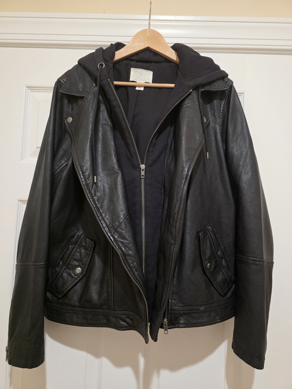 Caslon Black Leather Jacket with Hooded Insert - Moto Style